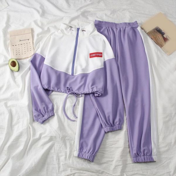 

womens spring autumn casual two piece set long sleeve long pants suits female korean hip hop tracksuit lady two piece suit, Gray
