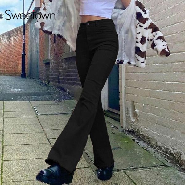 

women's jeans sweetown black goth e girl y2k women low waist flare pants dark academia aesthetic vintage 90s streetwear denim trousers, Blue