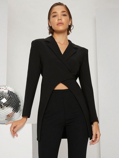 

asymmetrical hem tie back wrap blazer p2p6#, White;black