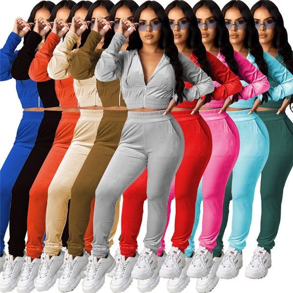 

fall winter women velour tracksuits jogger suit long sleeve outfits jacket crop pants two piece set plus size s-2x sweatsuits 4324, Gray