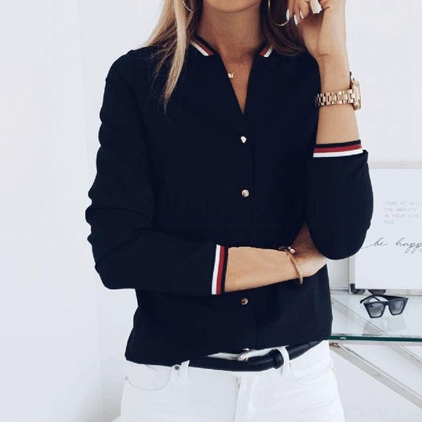 

women blouses 2021 fashion long sleeve color matching collar cardigan long-sleeved wild light office shirt blouse, White