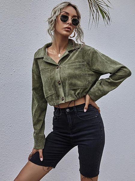 

women's jackets fashion jacket short coat elastic waist army green button turn-down collar ladies casual women clothing, Black;brown