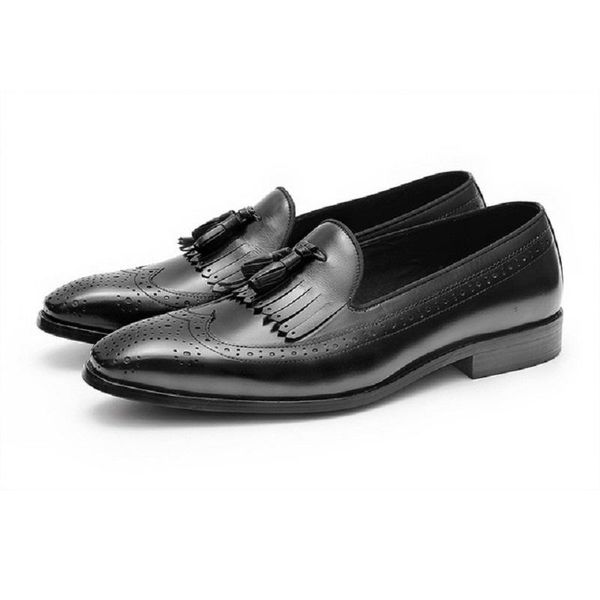 

dress shoes korean style spring autumn brogue carved flowers fringe bowknot handmade sewing genuine leather men business 20210117, Black
