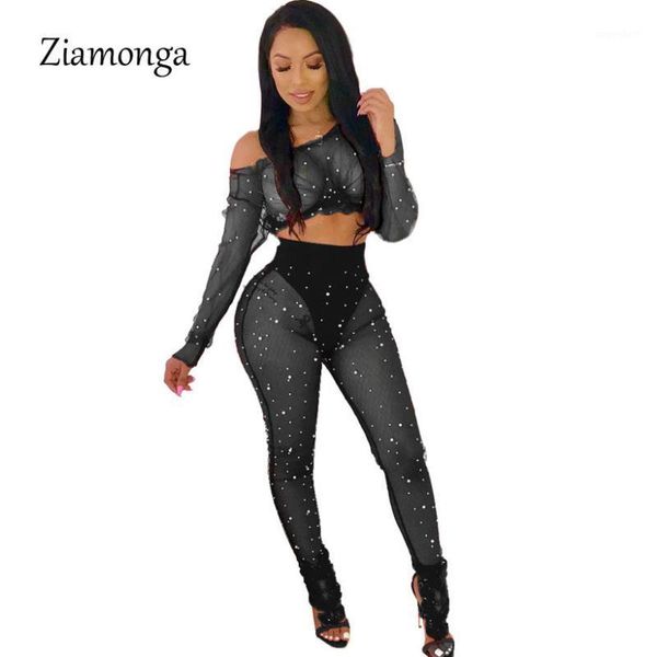 

ziamonga mesh pearls beading two piece set summer outfits see through crop and pants suit matching 2 piece set women1, Gray