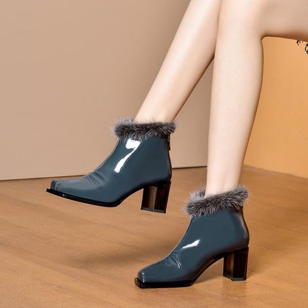 

boots mljuese 2021 women ankle cow leather winter short plush square toe high heels female party dress wedding, Black