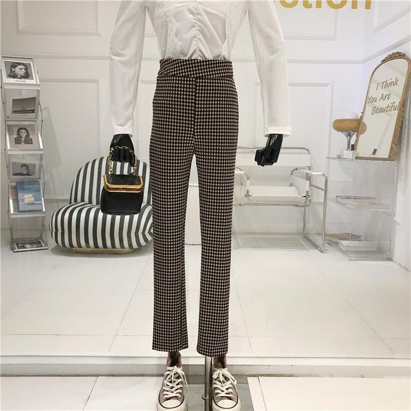 

retro plaid rich leg pants high waist hanging pants autumn/winter 2020 new slim joker straight casual, Black;white