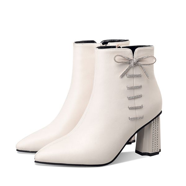 

2021 the new fashion crystal arches square ankle elegant toe pointed leather boots warm woman winter shoes hodz, Black