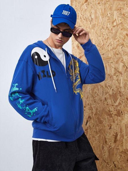 

men animal & letter graphic drawstring hoodie u3cp#, Black