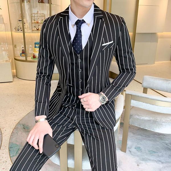 

classic striped suit men's formal business slim suit terno homens groom tuxedo wedding men's sets 3 pcs (blazer+pants+vest, White;black
