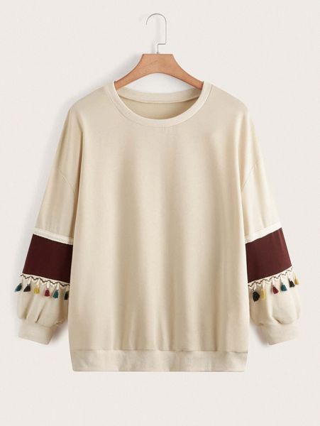 

plus contrast panel tassel trim drop shoulder pullover s3vd#, Black