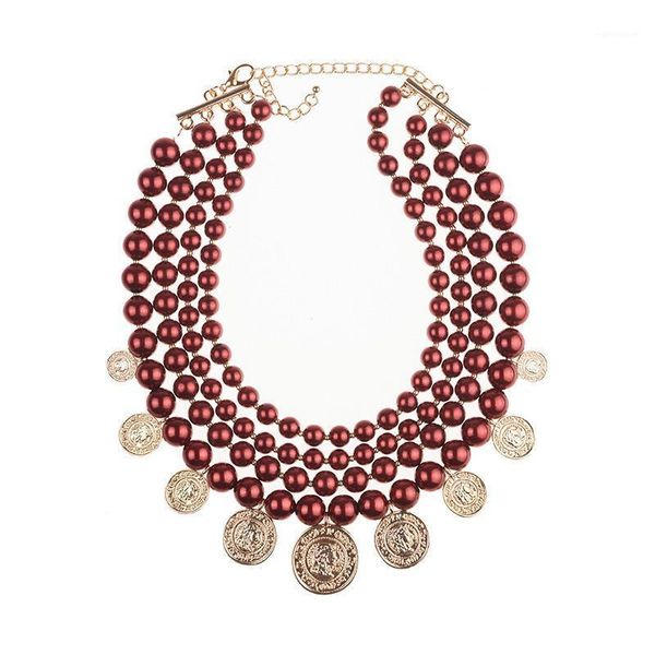 

BK Multi-layers Resin Pearl Necklace Head Coin Pendant Exaggerated Statement Bib Collar Choker Chunky Women Fashion Jewelry1, Golden;silver