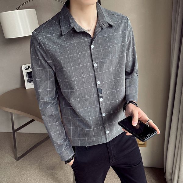 

2020 autumn new long sleeve men's korean trend slim handsome inch business leisure plaid shirt, White;black