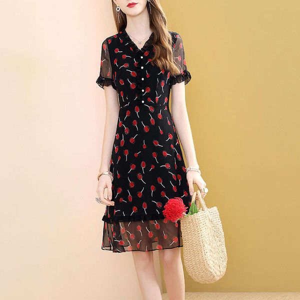 

wind like mulberry silk dress for women 2020 new short sleeve black printed temperament skirt, Black;gray
