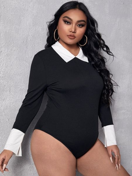 

plus contrast collar tee bodysuit q30s#, Black
