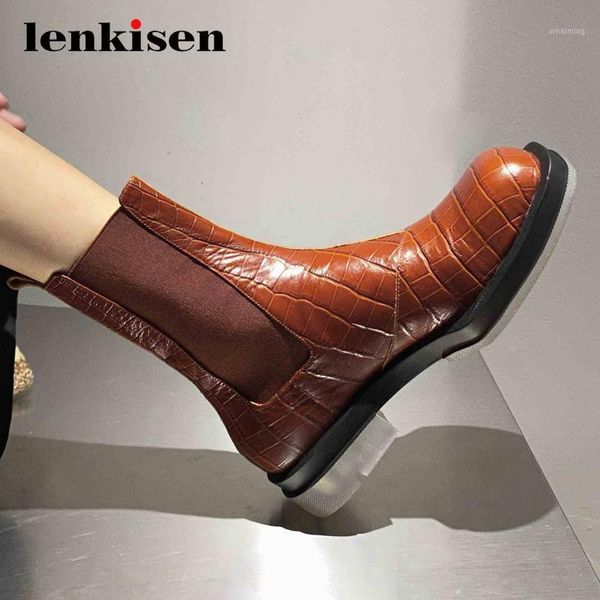 

boots lenkisen western natural leather stone pattern stretch square toe thick med heel slip on classic colors ankle l801, Black