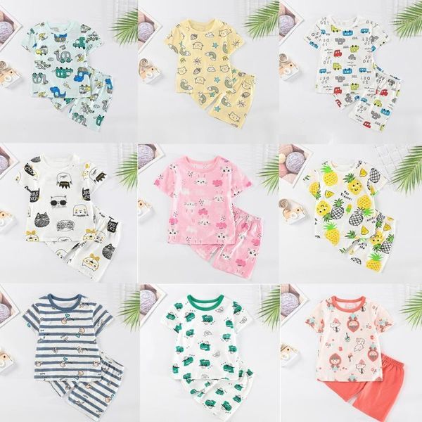 

baby boys girls cute print cartoon cotton 2pcs set t-shirt and pants kids casual outfit home clothing children sleepwear1, White