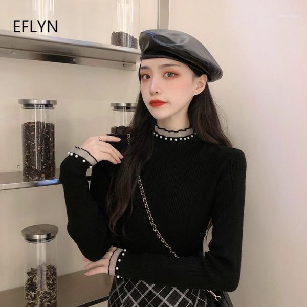 

slim bottom women's autumn spring sweet beading sweater new all-match stand neck black sweater vintage ruffled pullover1, White;black