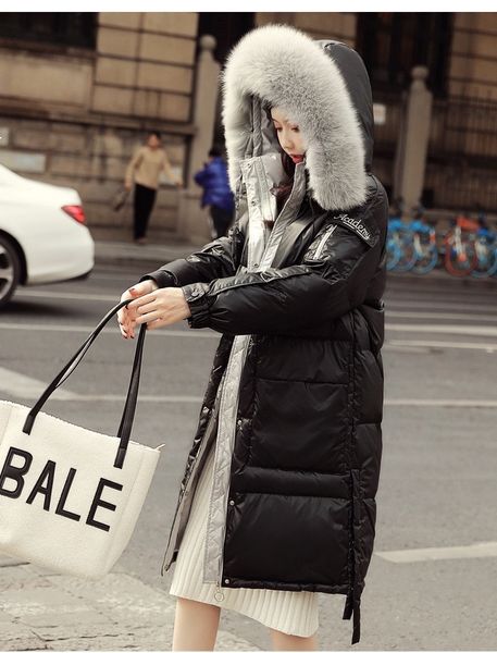 

2021 new long coat for women winter new white duck down korean fashion with hoodie skin collar thick pocket quality jacket 66m dql2, Black