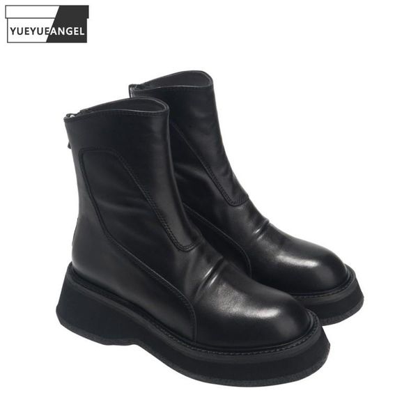 

boots autumn thick bottom ankle british increase platform zipper classic black genuine leather shoes winter fleece short