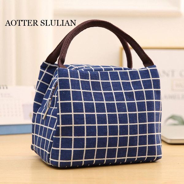 

lesiure women lunch portable carry bags stripe insulated marmita totes for women kids plaid pack container thermal bag lunch bag1, Blue;pink