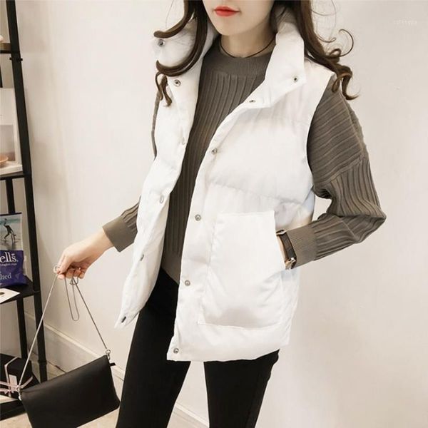 

women waistcoat 2020 stand collar warm down cotton thicken sleeveless fashion vest outwear girls wild short jacket1, Black;white