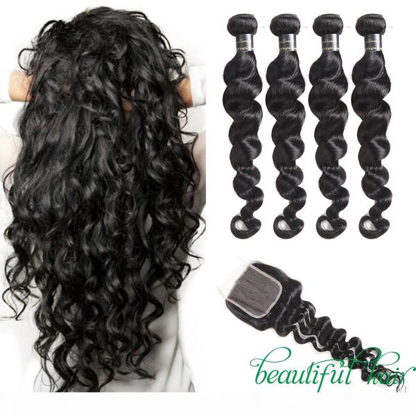 

peruvian virgin hair loose wave with closure unprocessed loose deep wave kinky curly water wave human hair 3 or 4 bundles with closure, Black