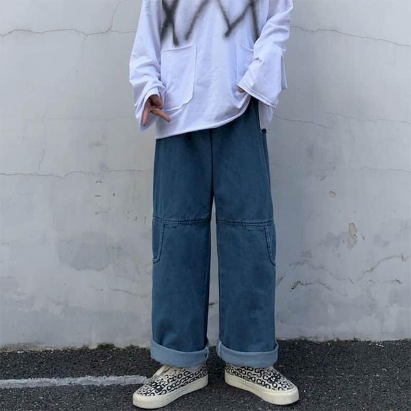 

men's jeans autumn spring harajuku men's straight pants solid vintage wide leg women loose high waist trousers, Blue