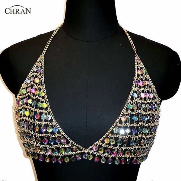 

chran ab irridescent crop disc party chain shoulder necklace rave bra bralete festival dress decor party wear jewelry crs424 t200508, Silver