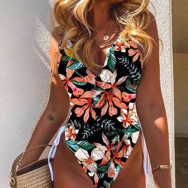 

thong swimming bathing suits printing one piece v-neck bodysuits womens bandage hollow out high cut 1 piece swimwear 2021, White;black