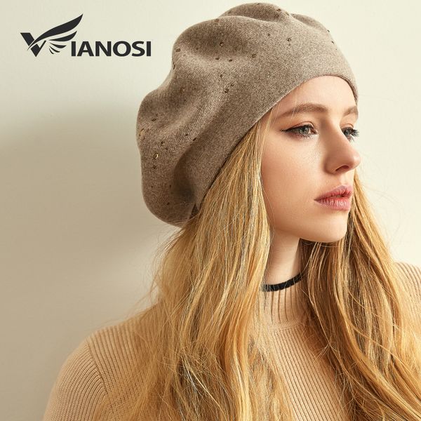 

vianosi winter beret hat women wool knitted berets rhinestone caps female fashion solid color thick warm gorros t200104, Blue;gray