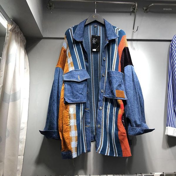 

ewq] 2020 new autumn winter stitching ladies denim jacket contrasting color knitting design oversized women coats overcoats 5911, Black;brown