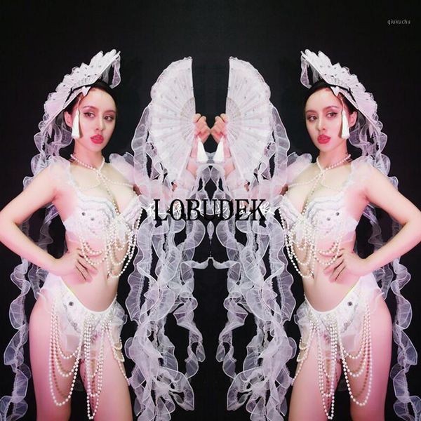 

women stage wear white beading bikini tassel fringe fan set nightclub party show dance costume singer dance team dj costume1, Black;red