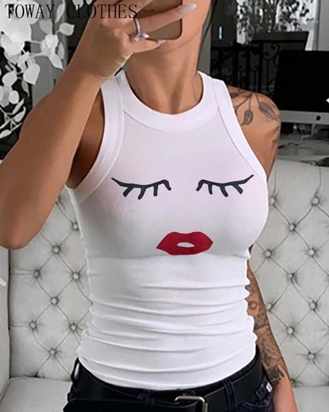 

2020 new lip print sleeveless casual basic eyelash lip print round neck tank, White
