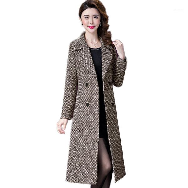 

classic coat woolen coat female new autumn winter large size suit collar womens double-breasted long lattice wool 5xl1, Black