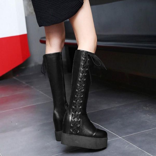 

boots women 2021 autumn winter punk platform high heels black buckle strap zipper wedges shoes knee size 34-43 103