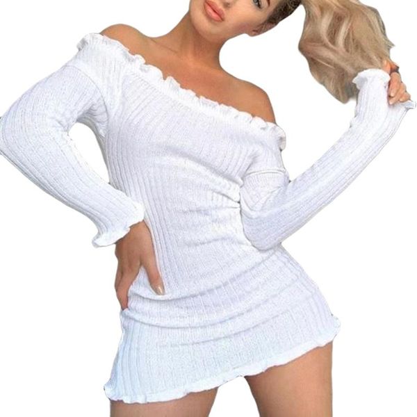 

casual dresses 2021 fashion women off the shoulder mini pencil dress long sleeve solid color bodycon knit slim maxi sweater, Black;gray