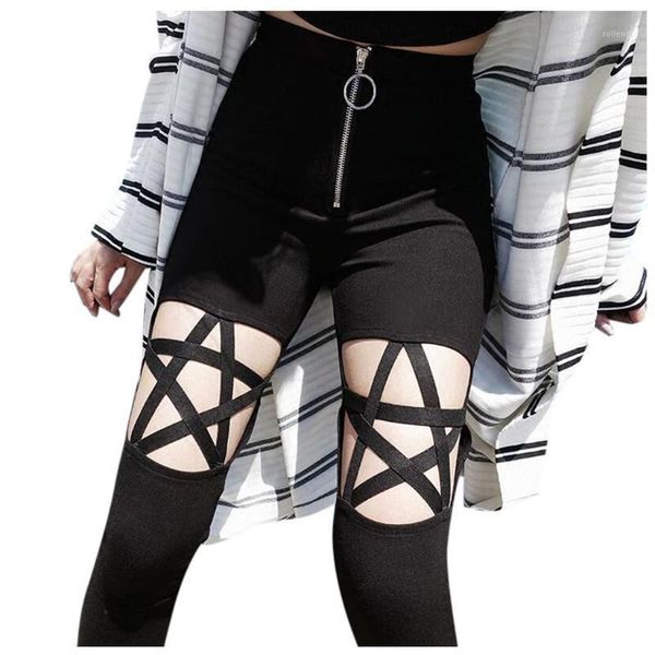 

harajuku high waist thin hollow out five-pointed star zipper pants female activity trousers punk gothic leisure party pant z08271, Black;white