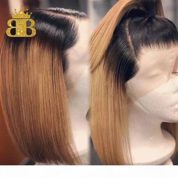 

180% honey blonde 13x4 ombre lace front human hair wigs t1b 27 brazilian remy hair short bob wig black root bleached knots bib, Black;brown