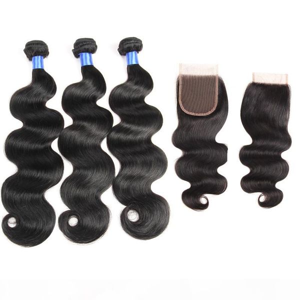 

8a malaysian body wave hair with 4x4 lace closure malaysian virgin hair with closure extensions 3 bundles unprocessed remy human hair weave, Black