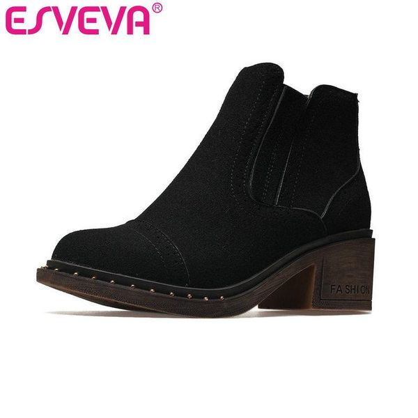 

boots esveva 2021 women shoes winter ankle flock+pu square med heel zipper western style motorcycle platform size 34-43, Black