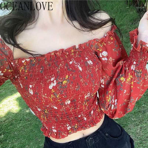 

oceanlove chiffon blouse women print floral off shoulder blusas mujer short 2020 spring summer shirts korean 161731, White
