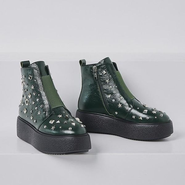 

mljuese 2020 women ankle boots cow leather green color slip on rivets winter short plush round toe women riding boots, Black