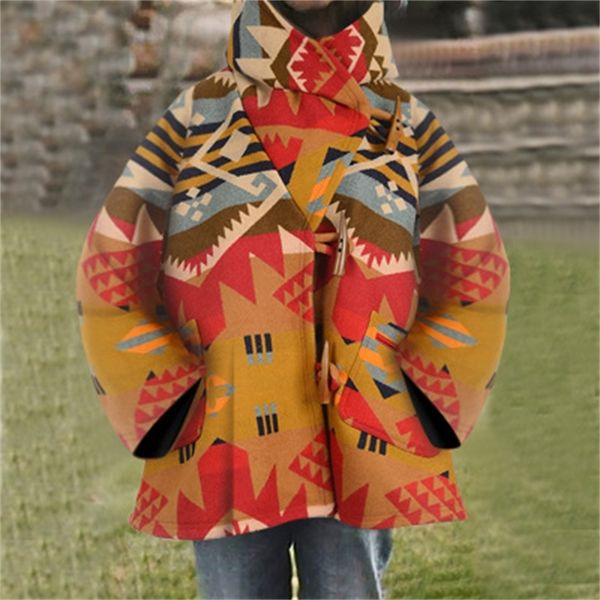 

female autumn wool coat long sleeves with hoodie jacket loose printing press button turndown collar vintage women's clothes dqin, Black