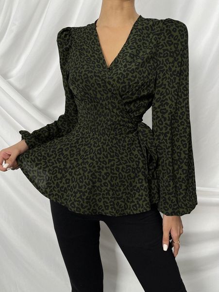 

leopard lantern sleeve knot side peplum blouse 761n#, White