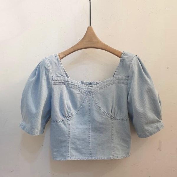 

korean fashion summer denim blouses women's elastic back blouse crop office lady puff sleeve short shirt tees blusas1, White