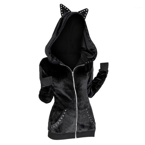 Yeni Varış Kedi Severler Kadın Kapşonlu Gotik Mont Rivet Kulak Cepler Zip Ceketler 4 Renkler Artı Boyutu S ~ 3XL Uzun Kollu Dış Giyim1