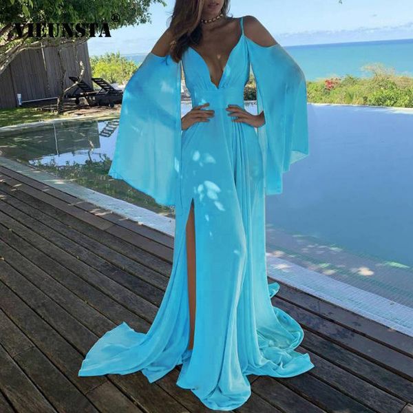 

off shoulder bridesmaid party dress women 2020 autumn v neck cloak long sleeve maxi dress elegant new hollow out long1, Black;gray