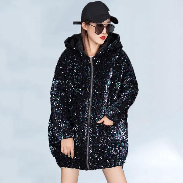 

2021 winter plus size cotton coat women sequins long-sleeved parka jjacket fashion hooded thick warm long coat streetwear 292, Black