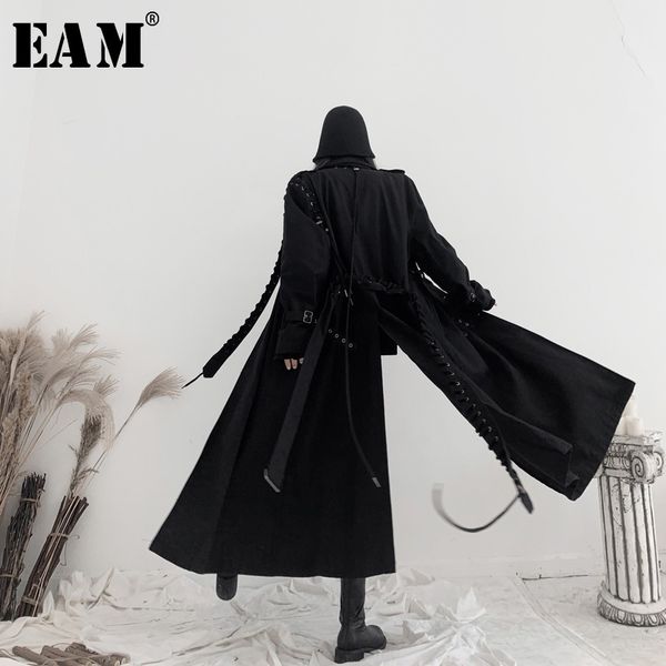 

[eam] women black bandage big size long trench new lapel long sleeve loose fit windbreaker fashion spring autumn 19a-a542 201102, Tan;black