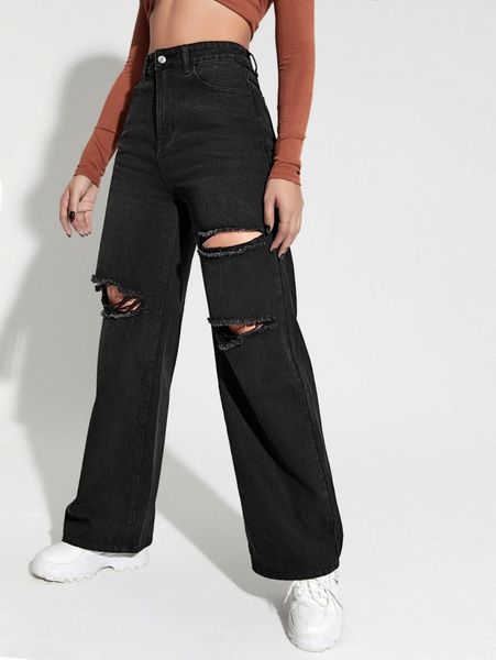 

high waist ripped wide leg jeans q8r2#, Blue